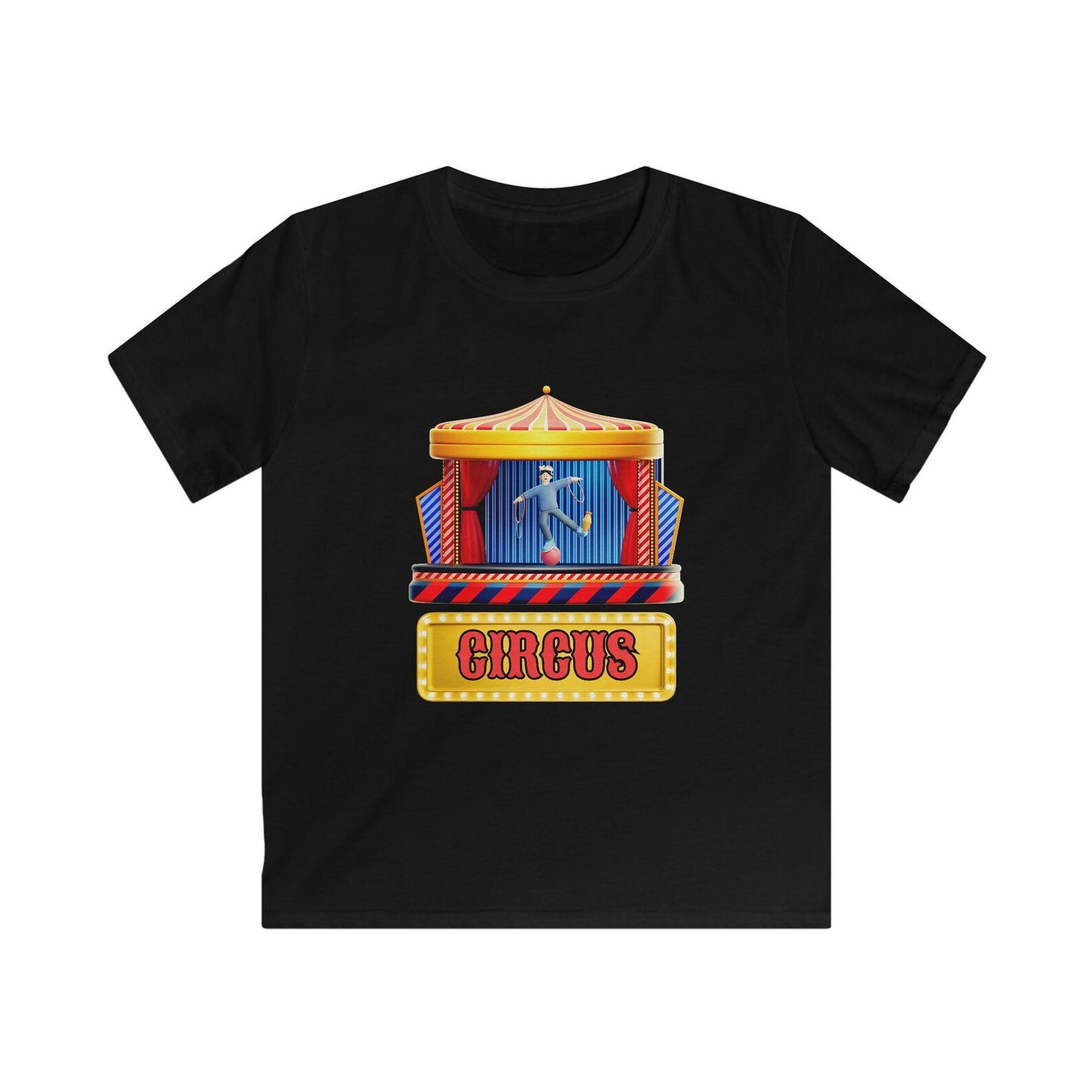Front view of Acrobatic Circus kids t-shirt with 3D carnival stage characters