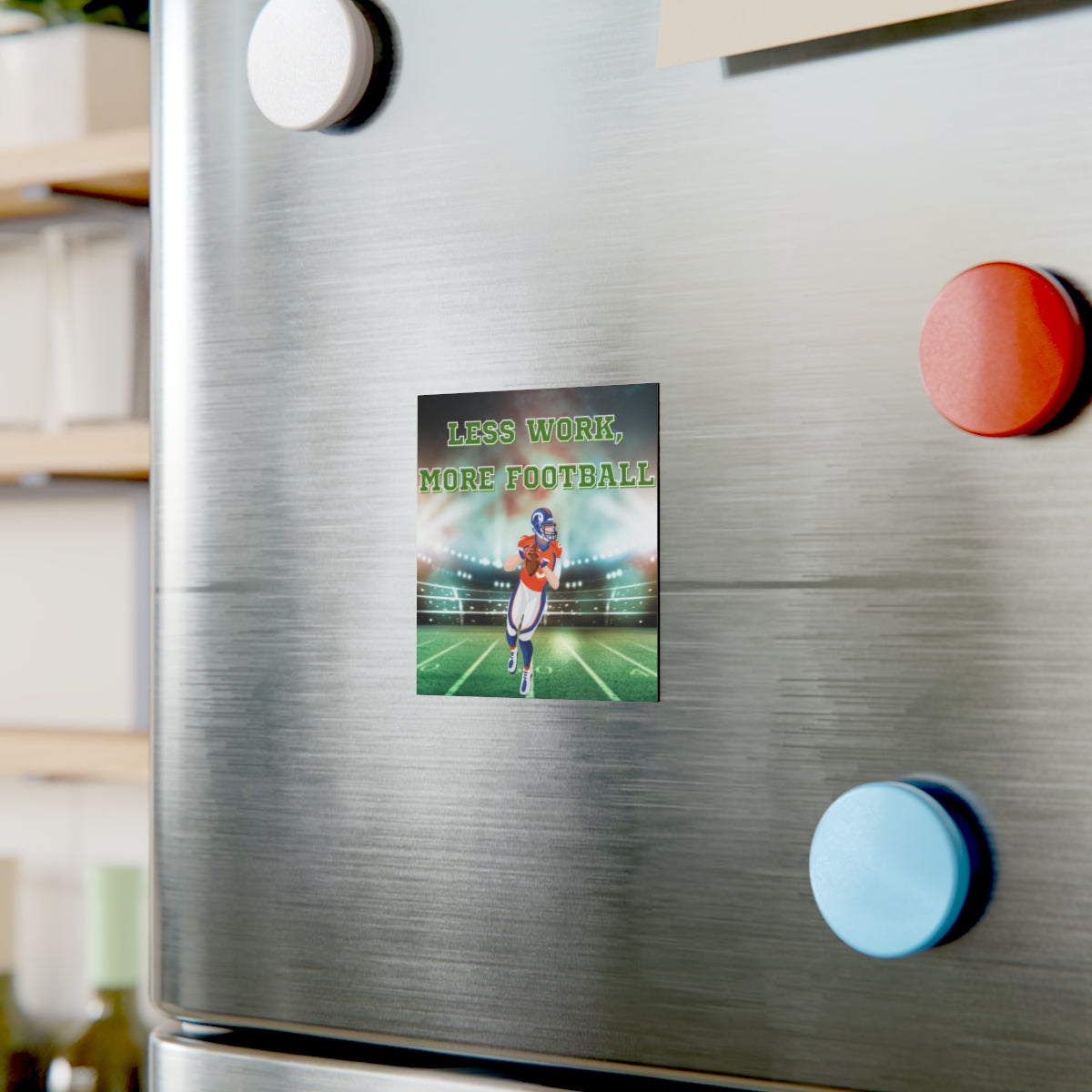 Square American Football Magnet attached to locker
