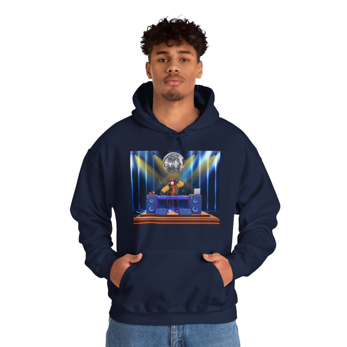 Male DJ performing in futuristic DJ hoodie sweatshirt with LED-style print