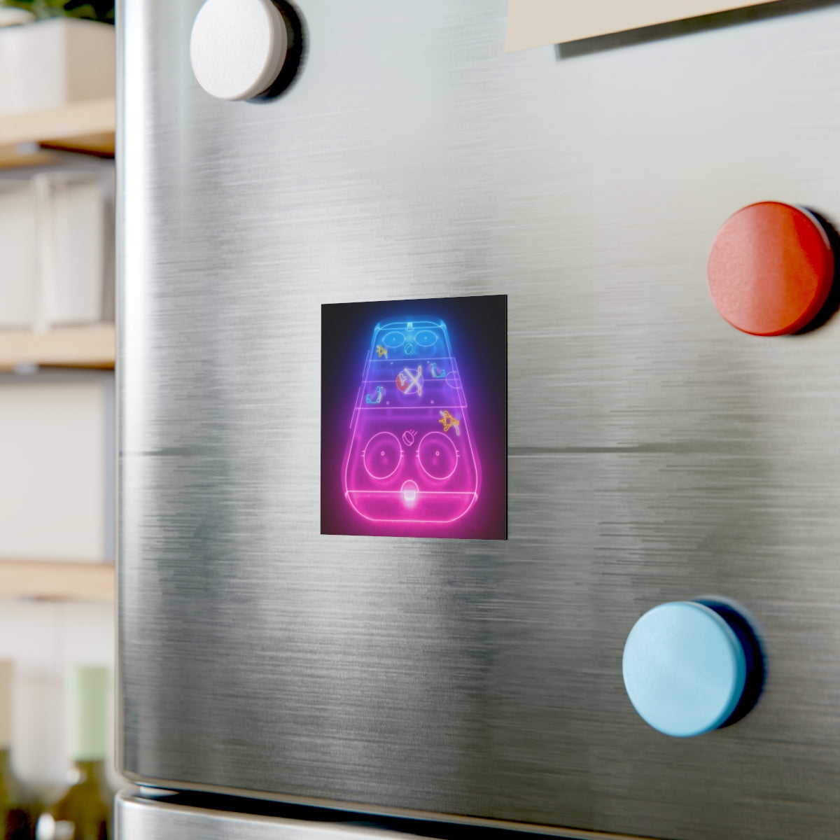 Neon hockey rink magnet placed on fridge door – fun hockey-themed decor