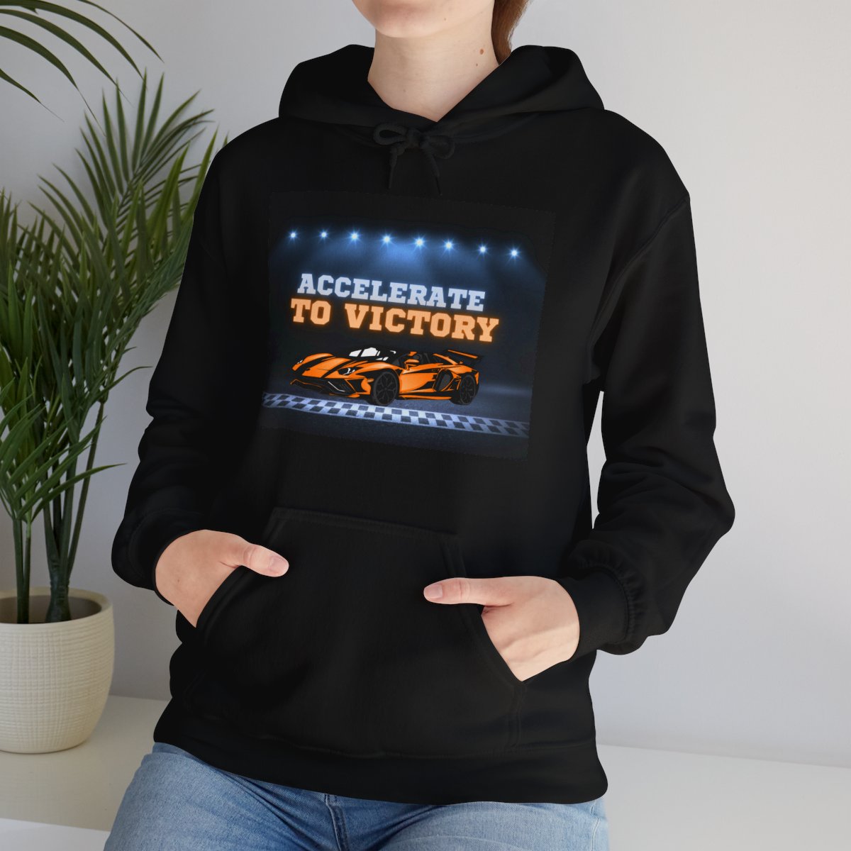Woman wearing Racing Lamborghini hoodie in lifestyle mockup