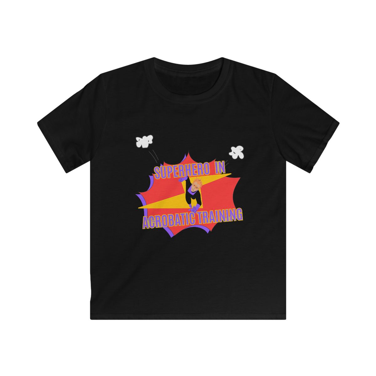 Comic Book Superhero Kids Softstyle Tee laid flat with bold superhero-style design for children