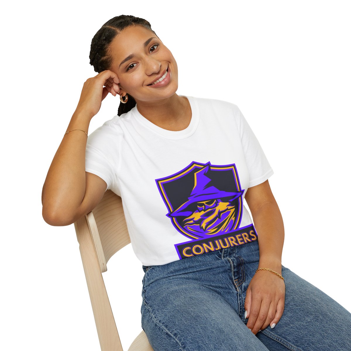 Woman wearing wizard esports gaming t-shirt in casual gamer style