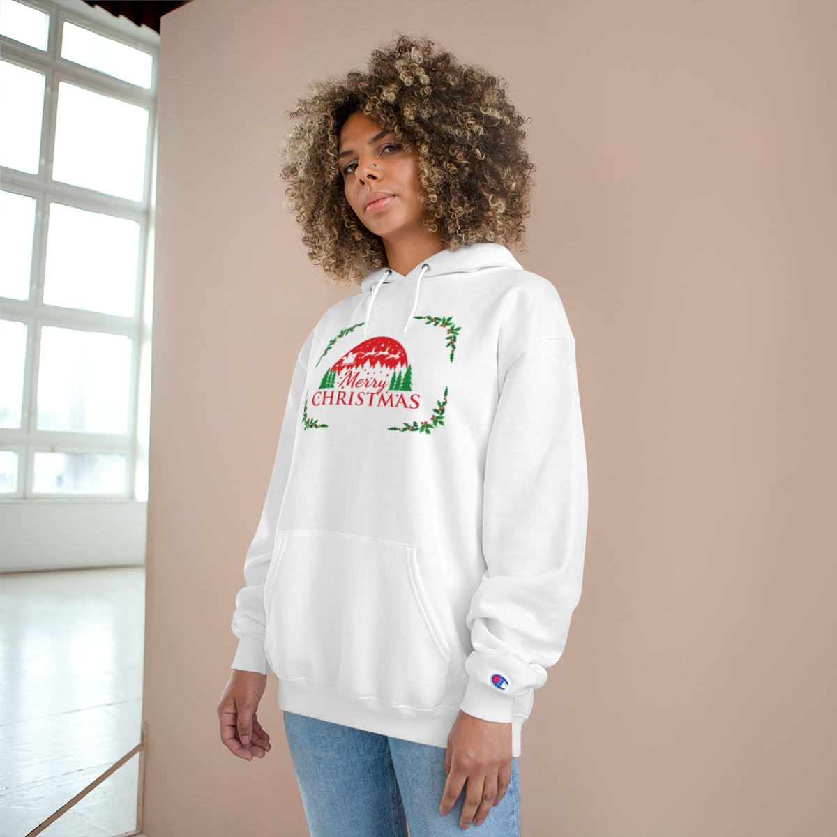 Woman wearing Custom Champion Merry Christmas Hoodie cozy and festive look