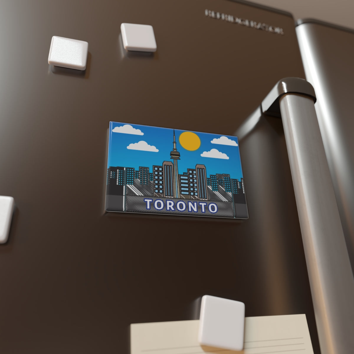 City Scene Magnet attached to refrigerator door in kitchen setting