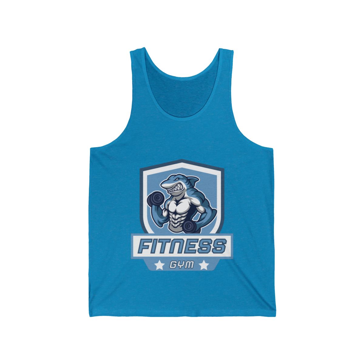 Fitness Shark Mascot unisex tank top in aqua featuring front view and bold mascot design