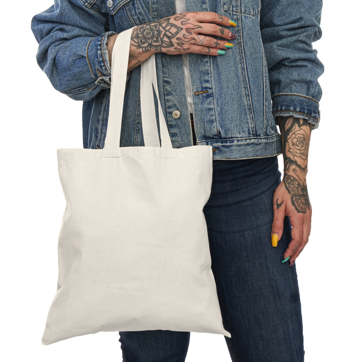 Person carrying Golden Shooting Star Tote Bag showing solid back panel