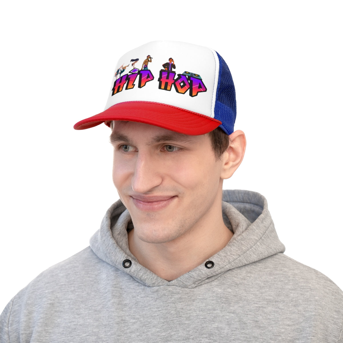 Another model wearing blue and red Hip Hop Trucker Cap, styled with streetwear
