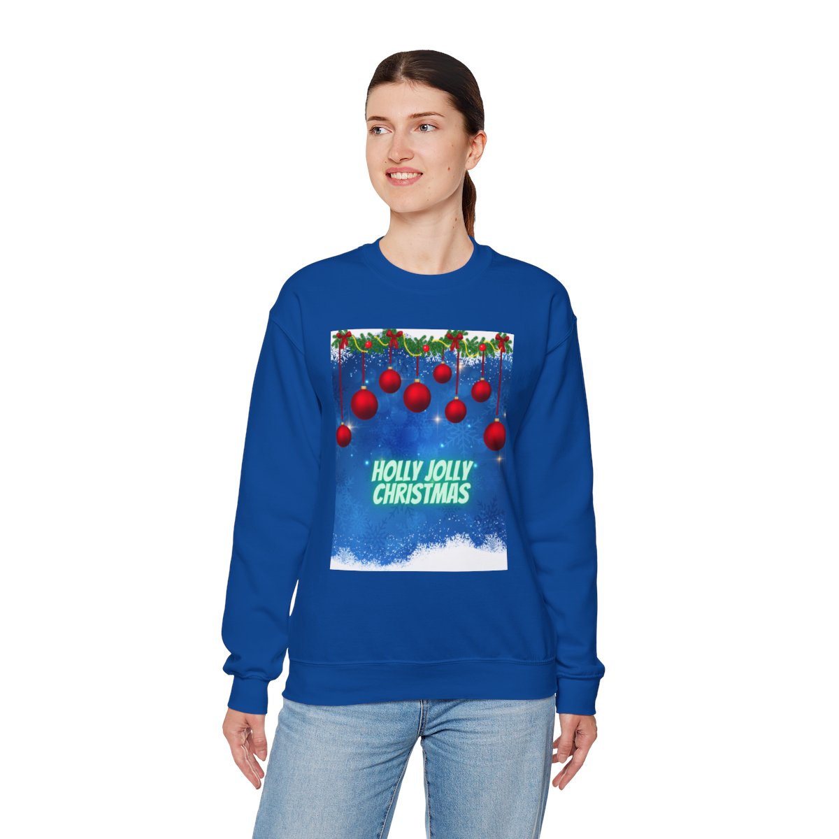 Woman in Royal Blue Christmas Winter Sweatshirt styled for winter festivities