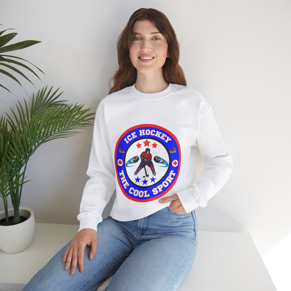 Woman wearing Canada hockey sweatshirt in lifestyle setting