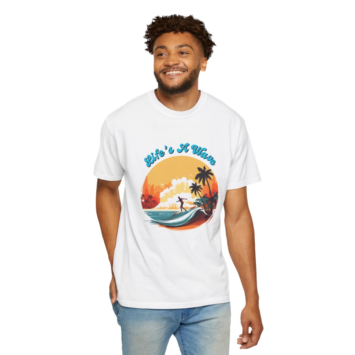 Man wearing Surfing Sports T-Shirt with Life's A Wave summer design