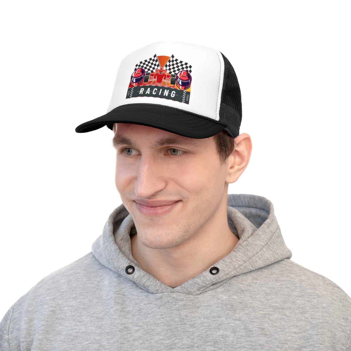 Person wearing Racing Track Trucker Cap outdoors with racing-inspired outfit