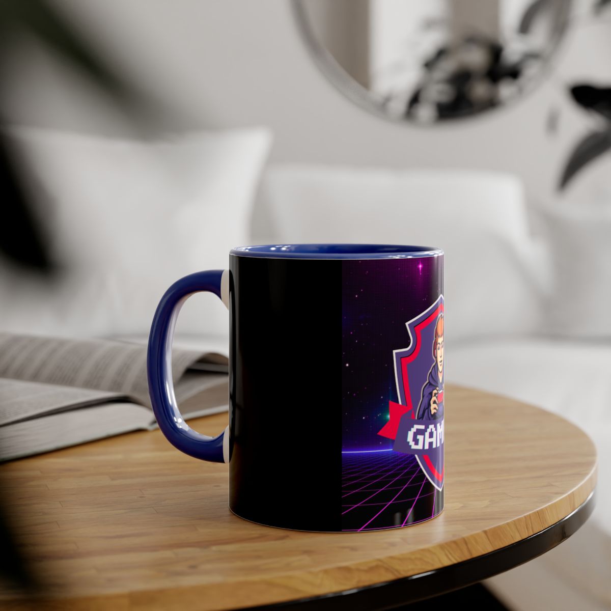 Blue Gamer Coffee Mug on desk with gaming keyboard and mouse