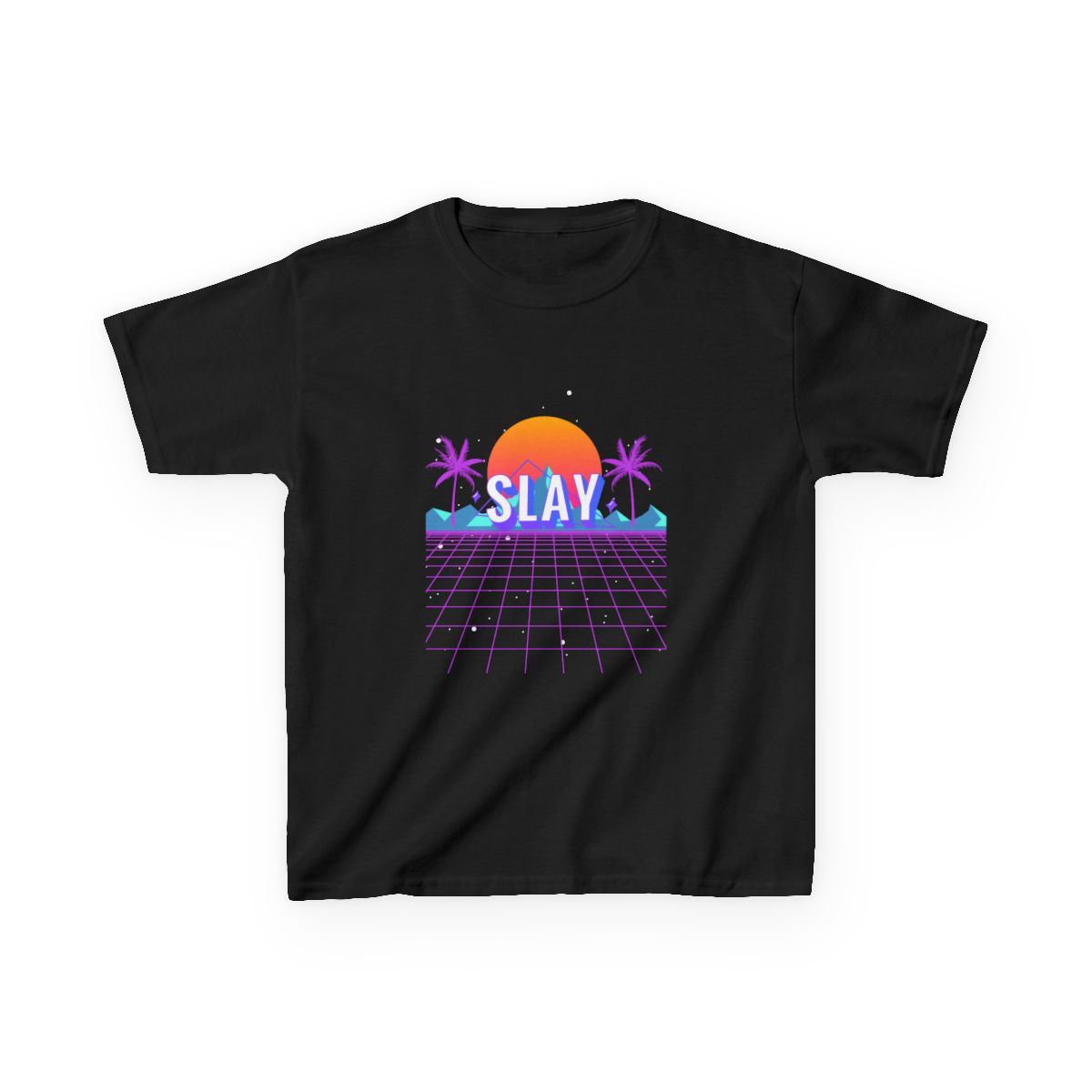 Retro Space Kids T-Shirt featuring futuristic mountain landscape graphic for boys and girls