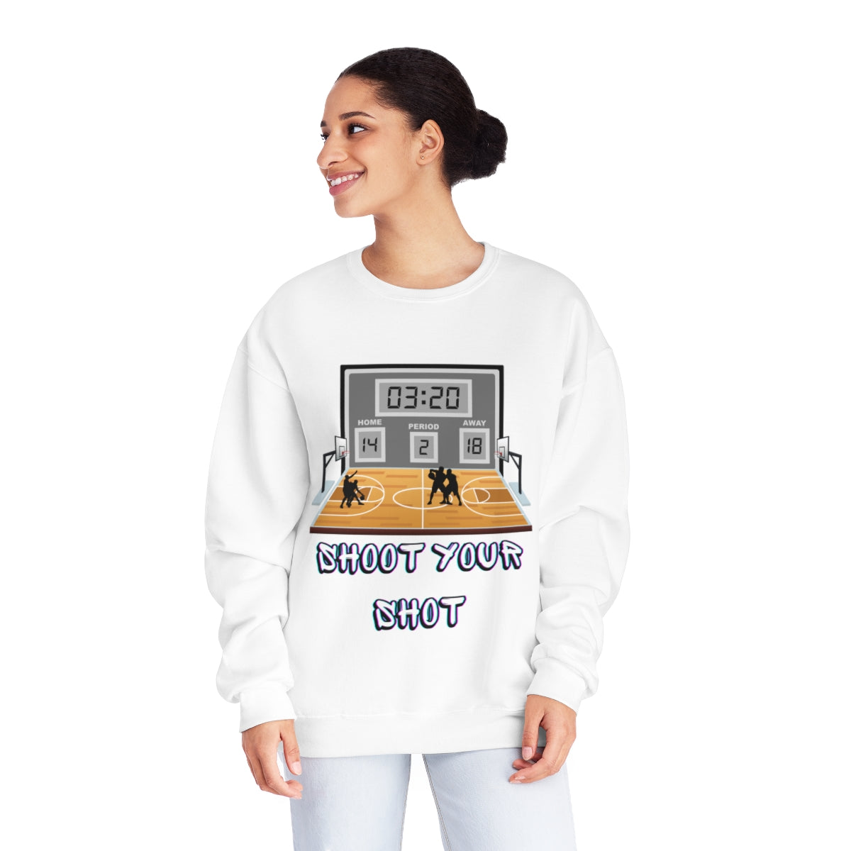 Woman wearing basketball courtside sweatshirt with courtside print