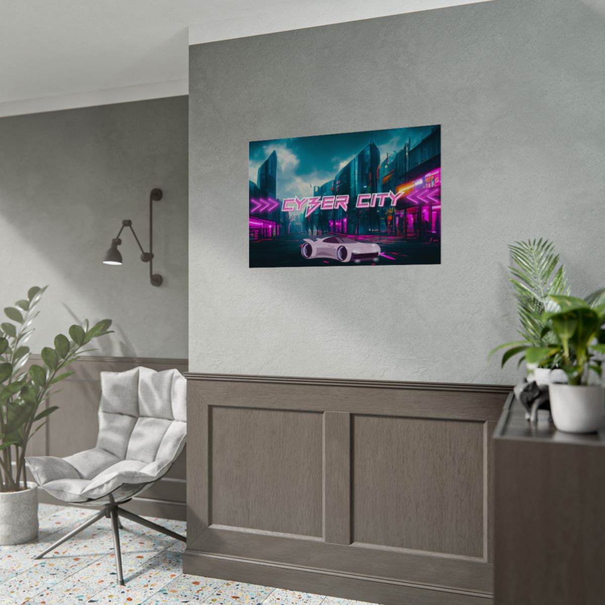 Cyberpunk City Poster styled in a creative office space with futuristic city vibe