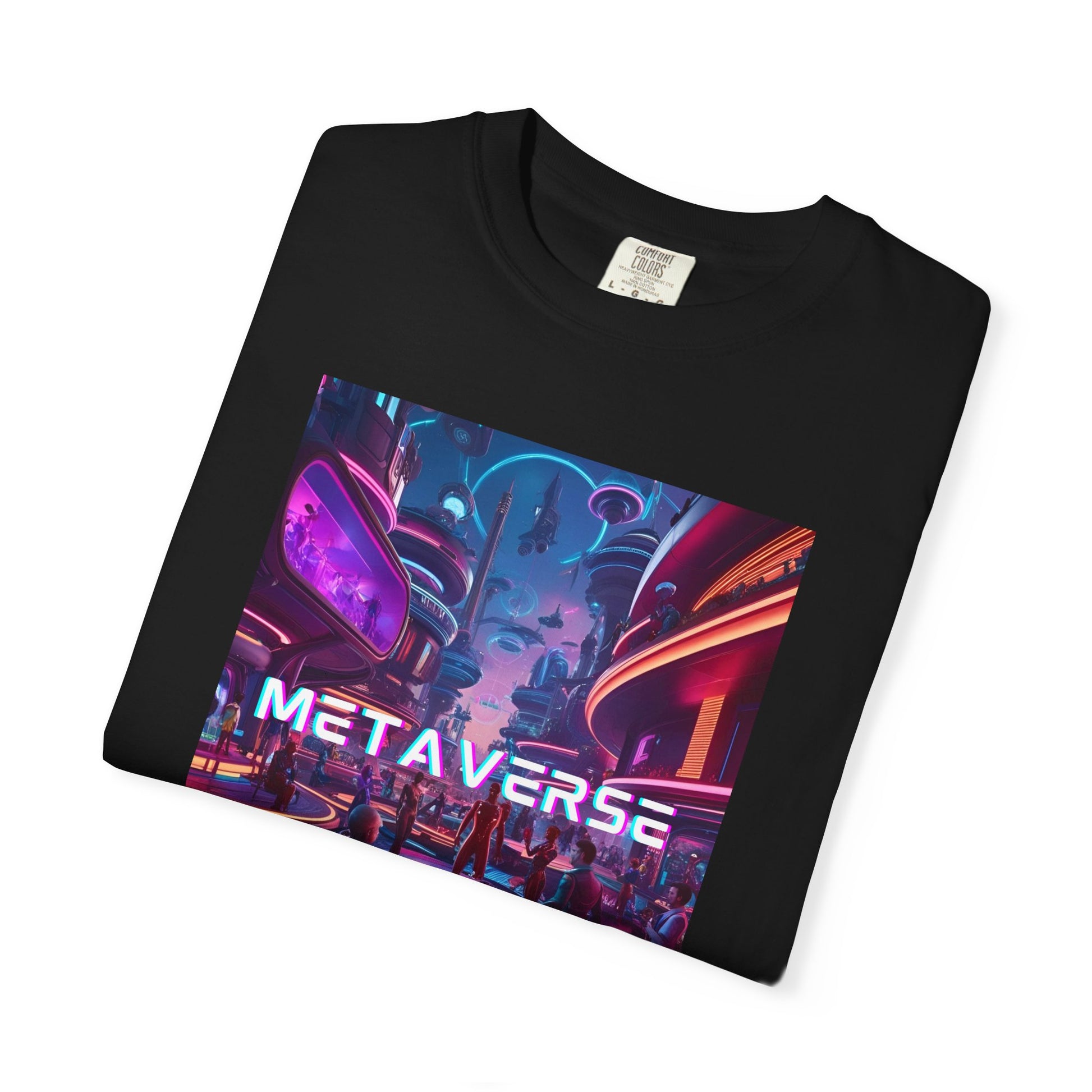 Black Metaverse T-Shirt featuring vibrant futuristic graphic design and relaxed fit, ideal for casual wear.