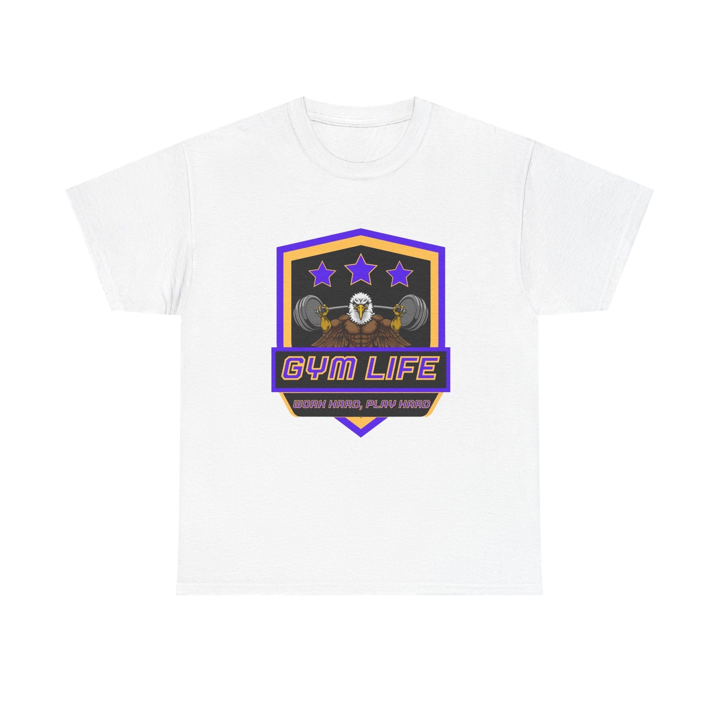 Fitness Tee featuring an eagle mascot lifting a barbell with the text 'Gym Life' on a white T-shirt.