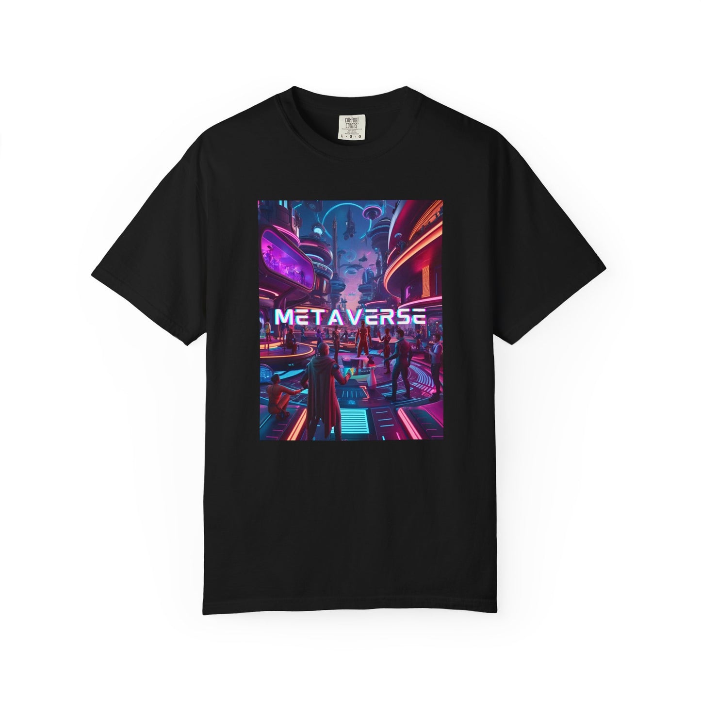 Black t-shirt featuring vibrant graphic design with the word METAVERSE for trendy adults.