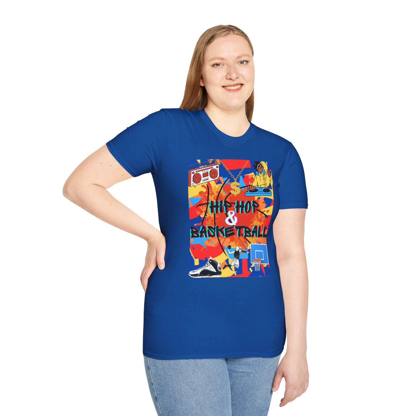 Woman wearing blue Hip Hop & Basketball Tee, urban basketball streetwear style