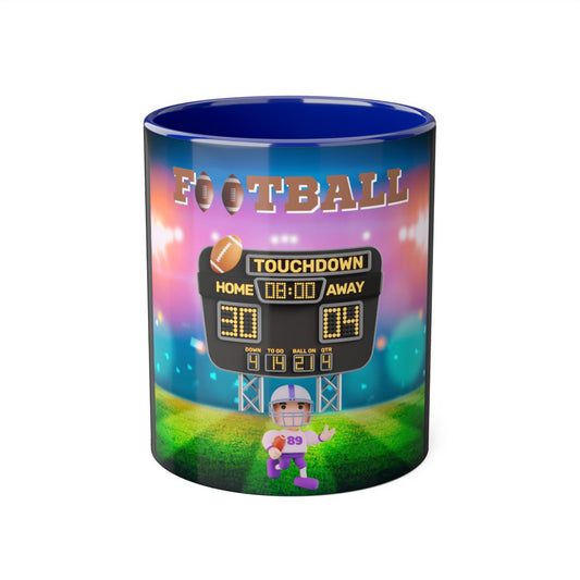 Front view of blue American Football Accent Mug with 3D stadium and player avatar