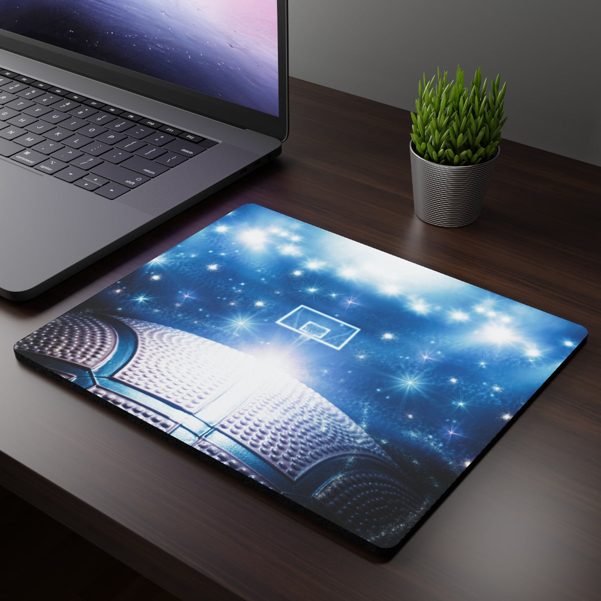 Basketball Mouse Pad on a modern office desk with laptop and keyboard, showing functional workspace use.