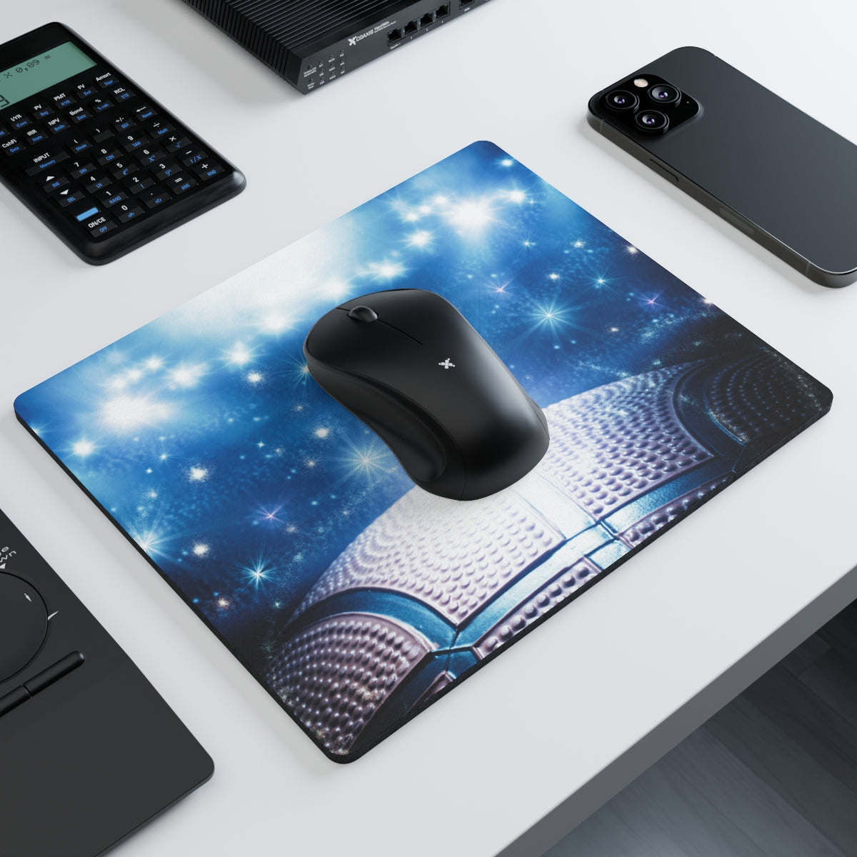 Basketball Mouse Pad on a modern office desk with laptop and keyboard, showing functional workspace use