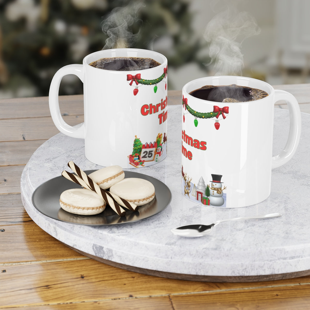 Two Christmas 3D Sleigh Santa ceramic mugs on a table with three cookies