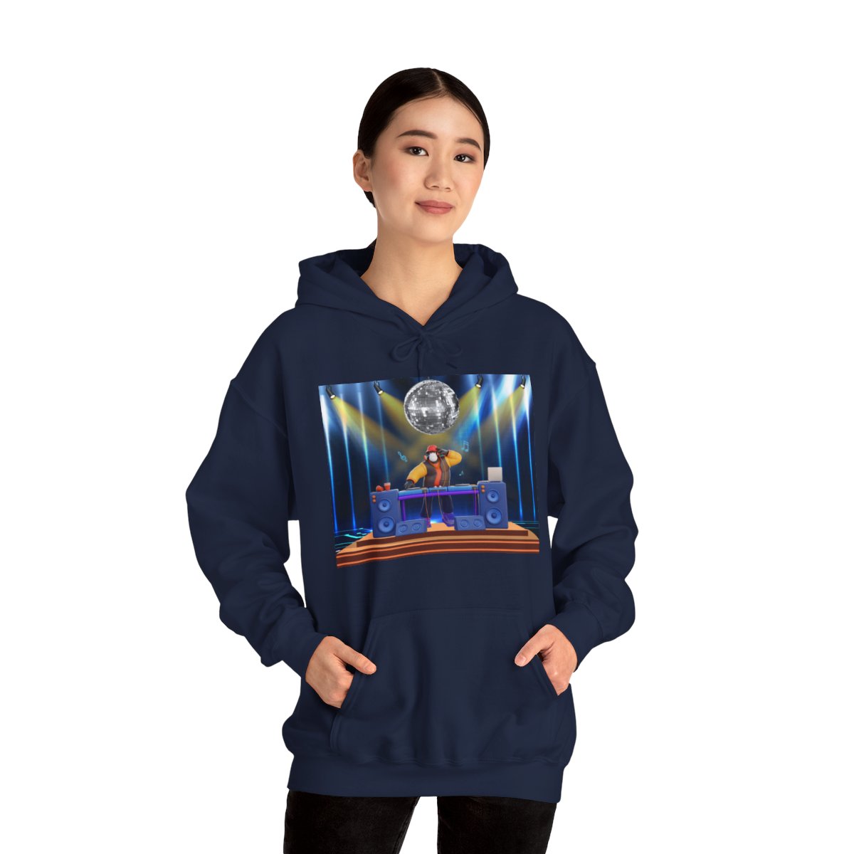 Female model wearing futuristic DJ hoodie sweatshirt in performance setting