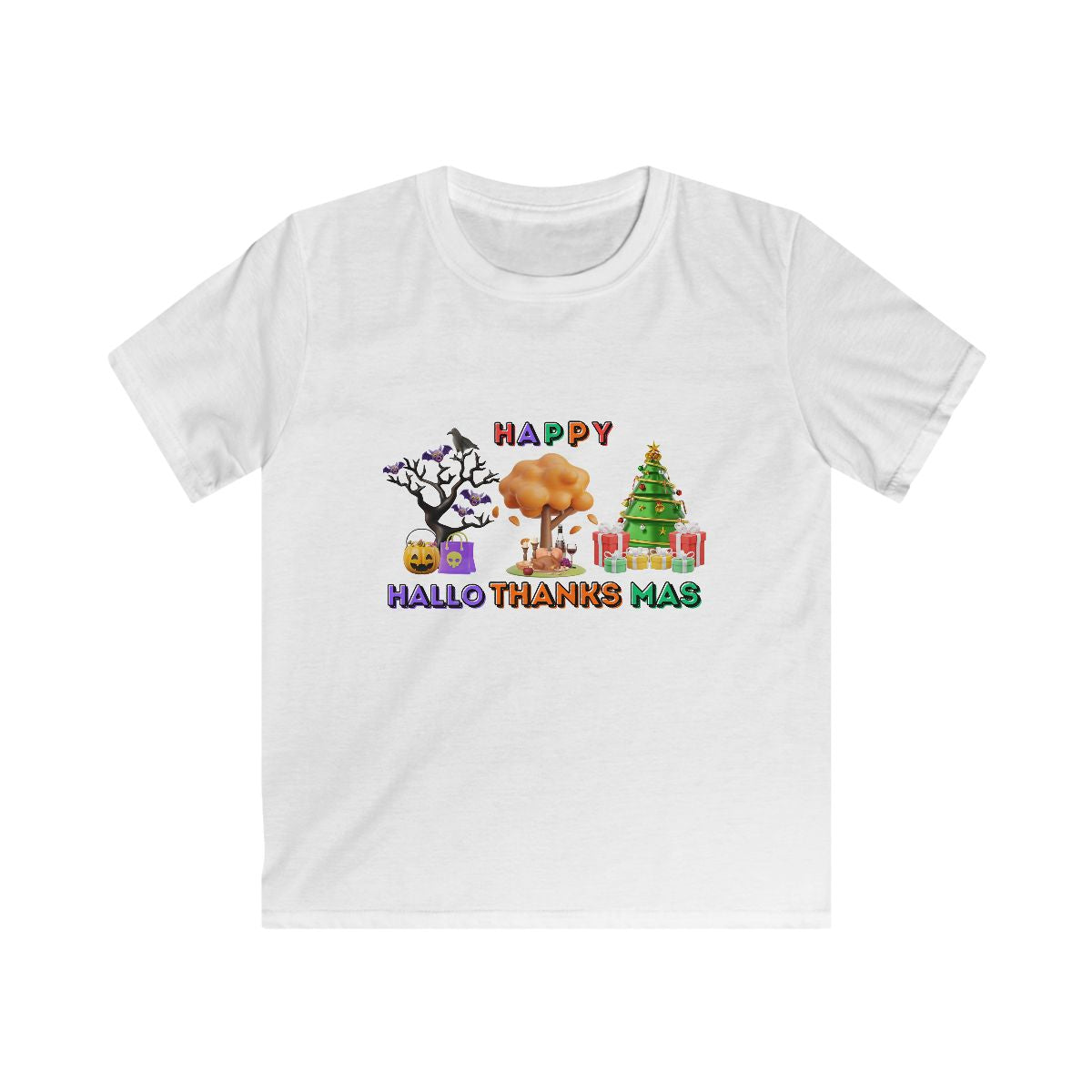 Kids HalloThanksMas shirt with 3D design featuring Halloween, Thanksgiving, and Christmas elements
