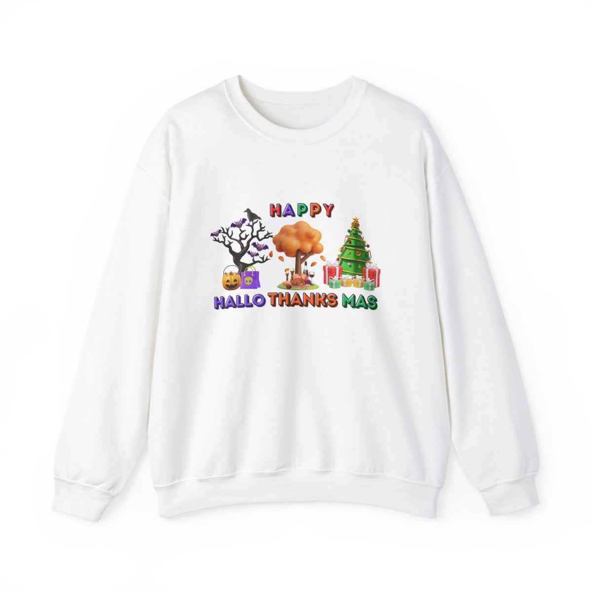 Halloween Thanksgiving Christmas sweatshirt laid flat with 3D HalloThanksMas design