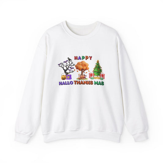 Halloween Thanksgiving Christmas sweatshirt laid flat with 3D HalloThanksMas design