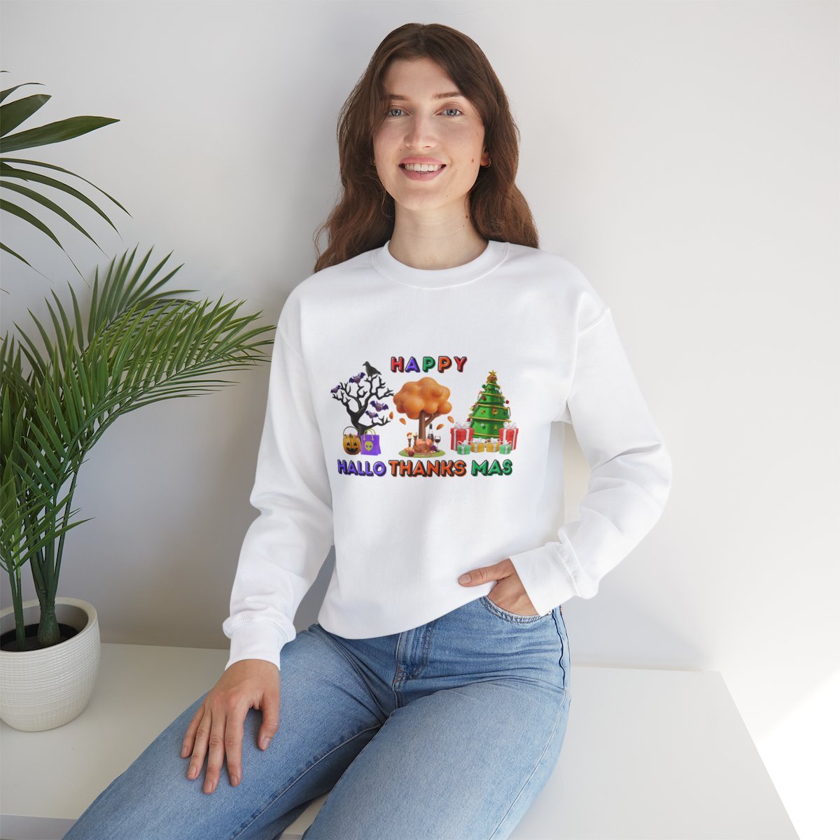 Woman in cozy lifestyle scene wearing Halloween Thanksgiving Christmas sweatshirt during holiday season