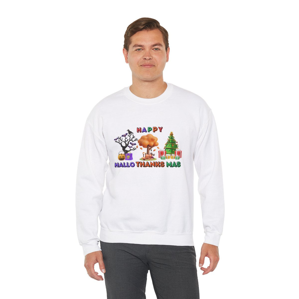 Second male model styled in Halloween Thanksgiving Christmas sweatshirt for seasonal celebrations
