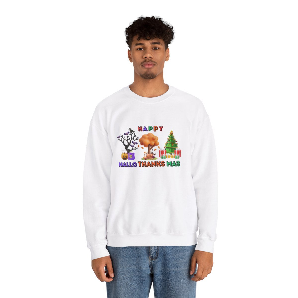 Man wearing Halloween Thanksgiving Christmas sweatshirt with jeans in casual holiday outfit