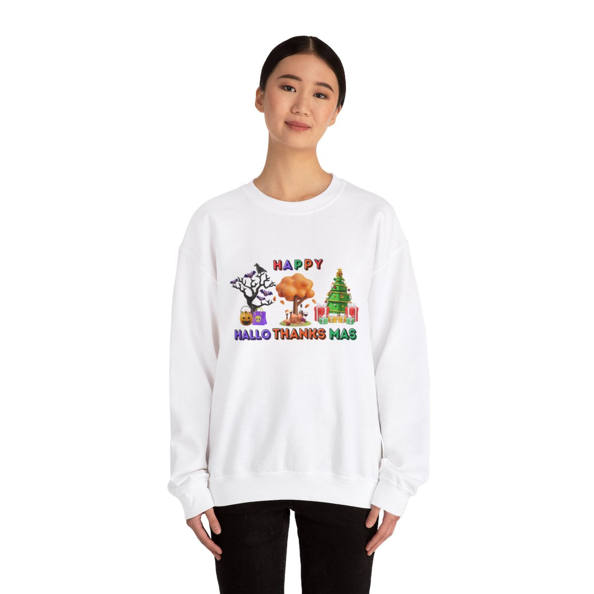Woman wearing Halloween Thanksgiving Christmas sweatshirt styled for fall and winter holidays