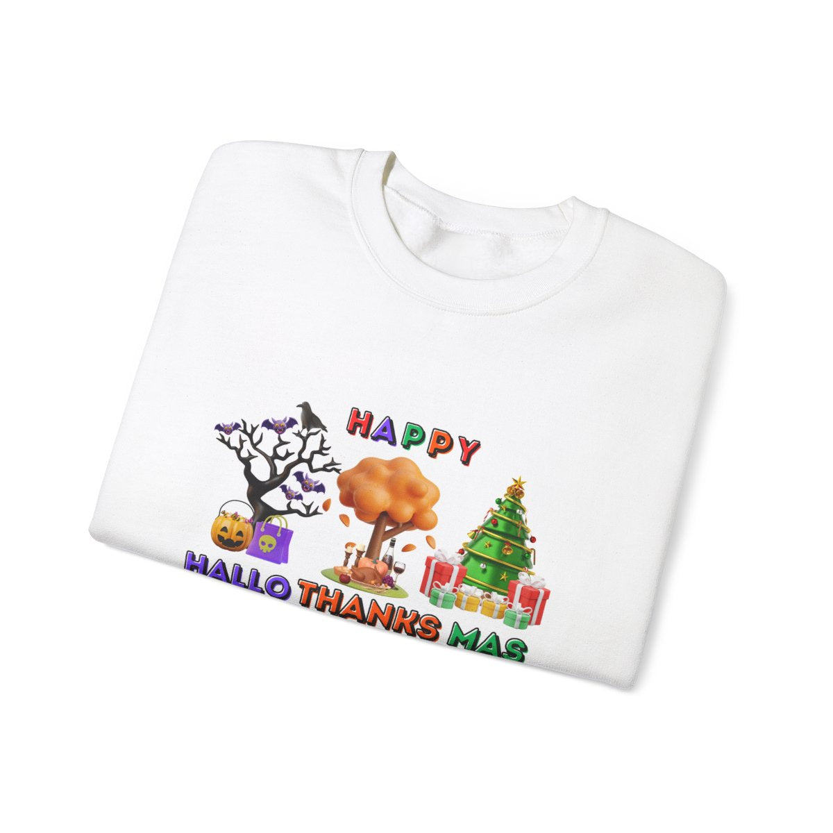 Folded Halloween Thanksgiving Christmas sweatshirt with festive front graphic partially visible