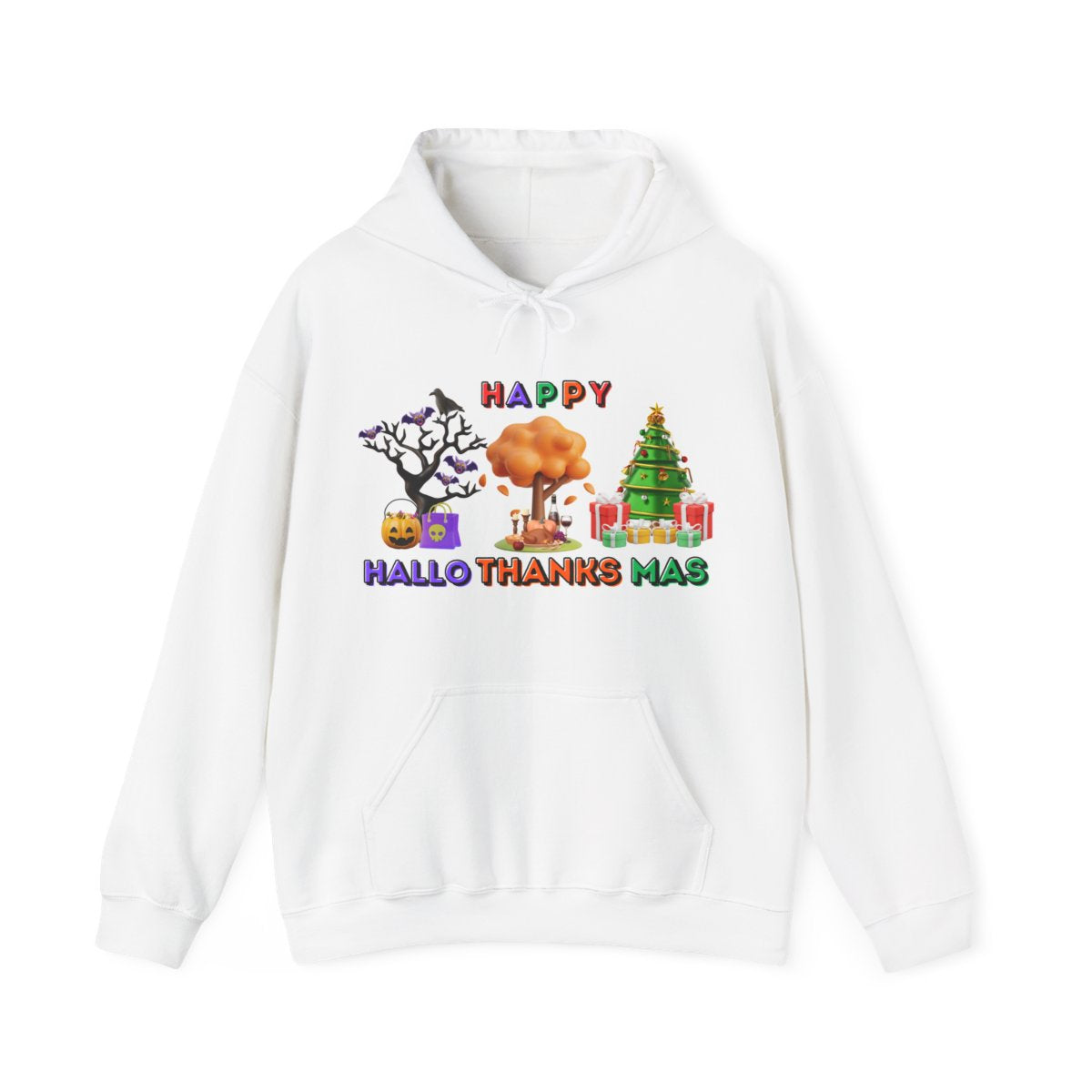 Halloween Thanksgiving Christmas hoodie laid flat with colorful 3D HalloThanksMas design