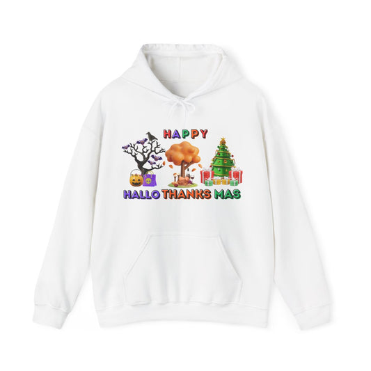 Halloween Thanksgiving Christmas hoodie laid flat with colorful 3D HalloThanksMas design