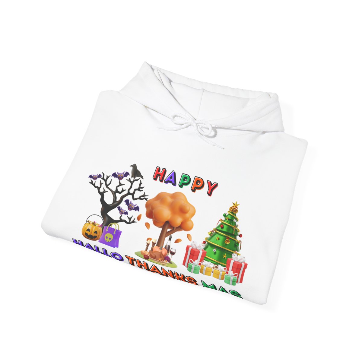 Folded Halloween Thanksgiving Christmas hoodie with festive front design partially visible