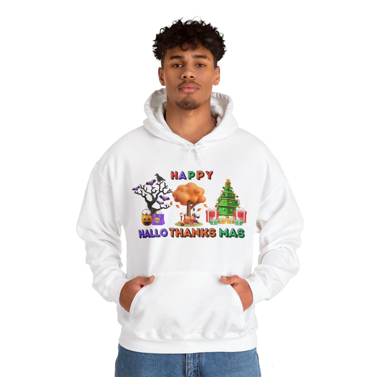 Second male model in Halloween Thanksgiving Christmas hoodie celebrating HalloThanksMas season