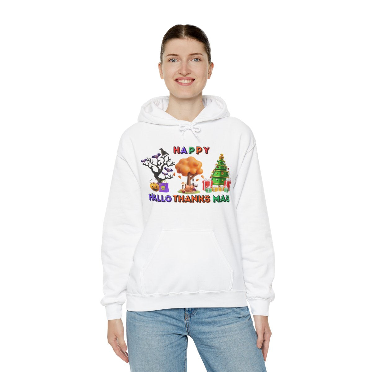 Woman wearing Halloween Thanksgiving Christmas hoodie styled for cozy fall and winter holidays.