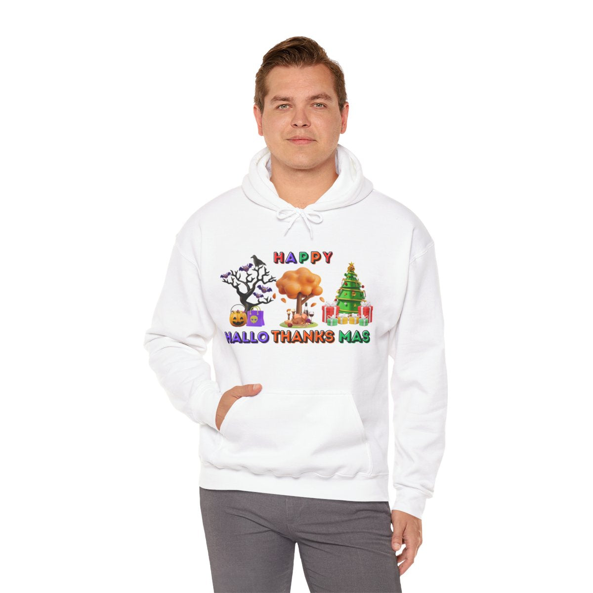 Male model wearing Halloween Thanksgiving Christmas hoodie with jeans and casual holiday look