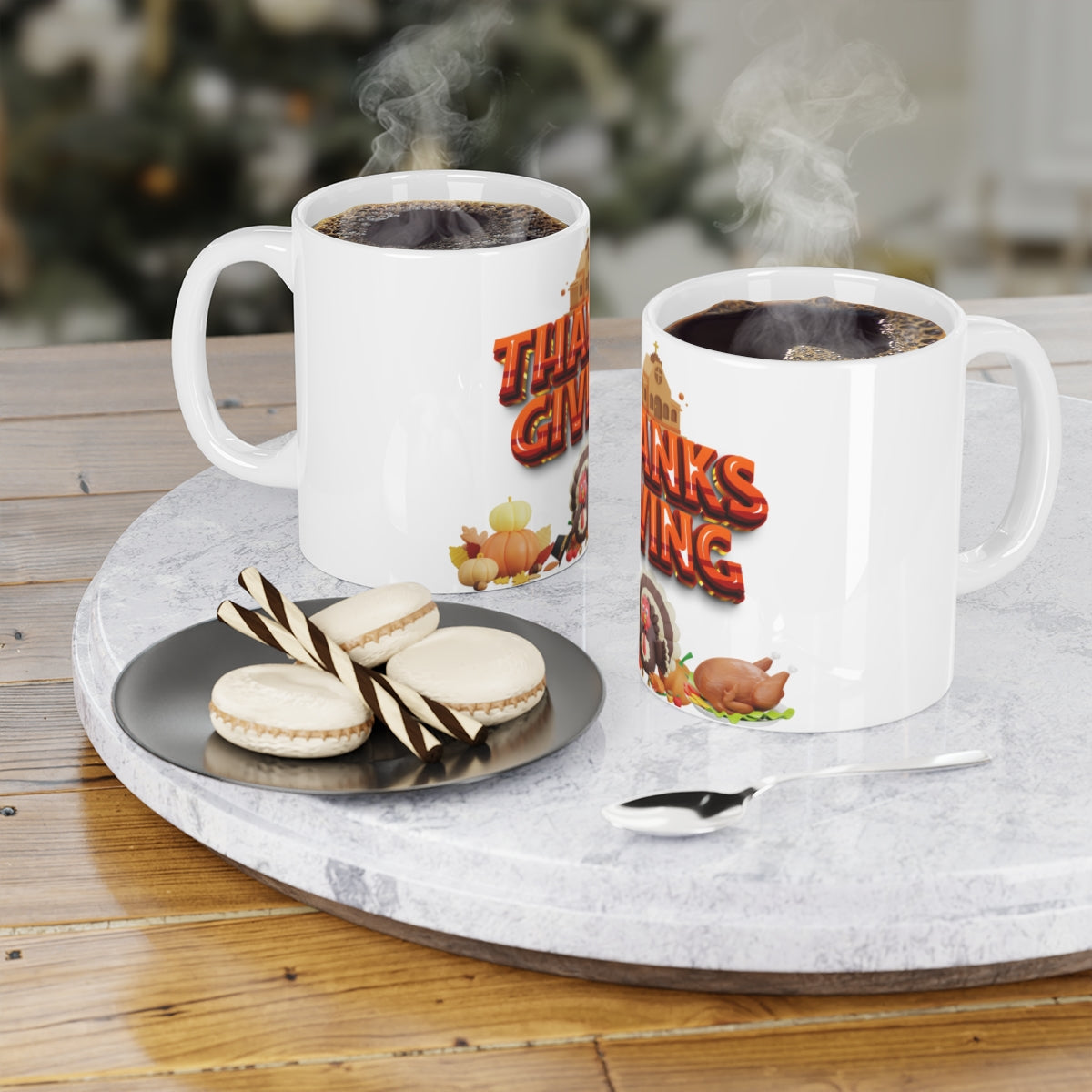 Two Thanksgiving 3D roasted chicken ceramic mugs on a table with three cookies