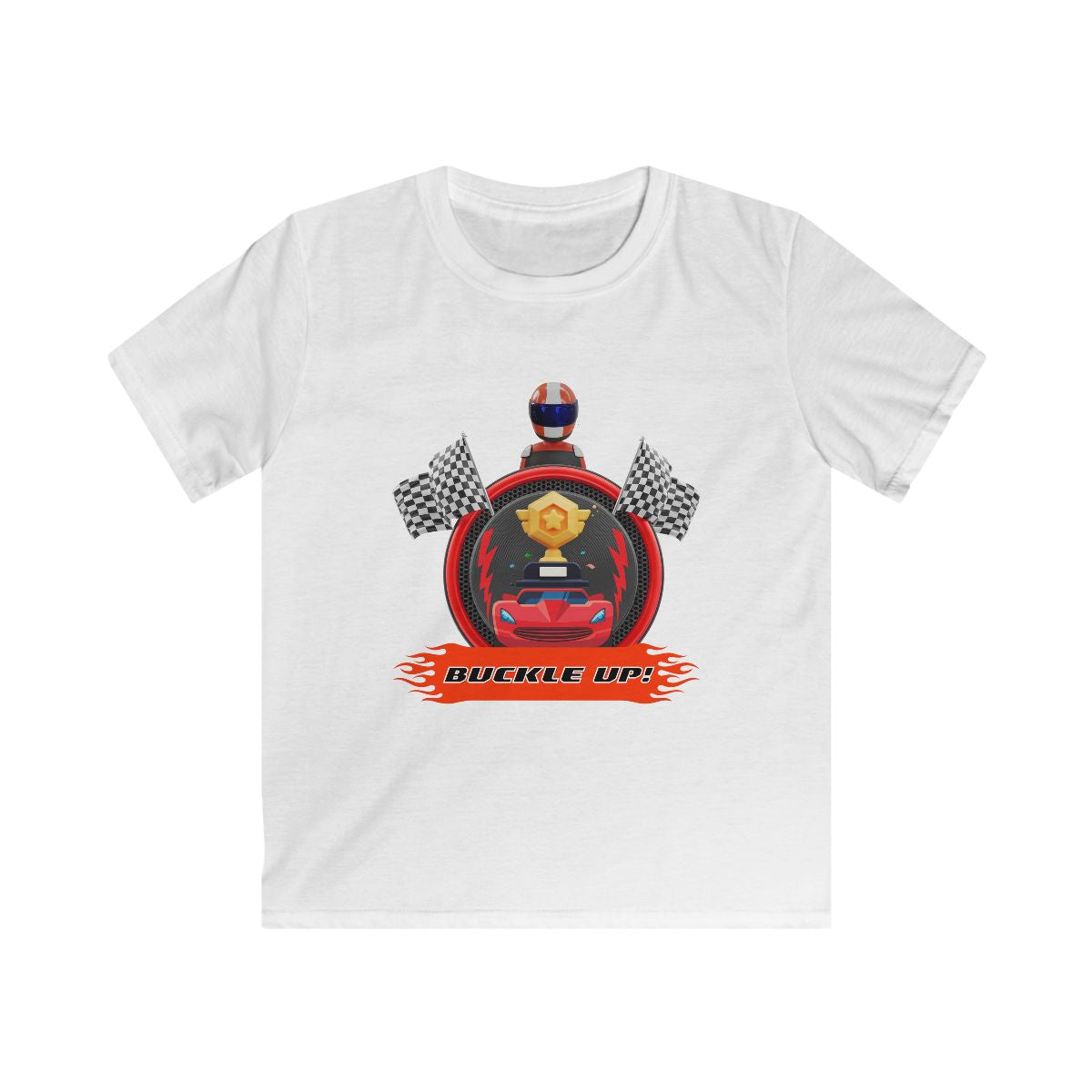 Front view of grand prix kids t-shirt featuring racing championship design