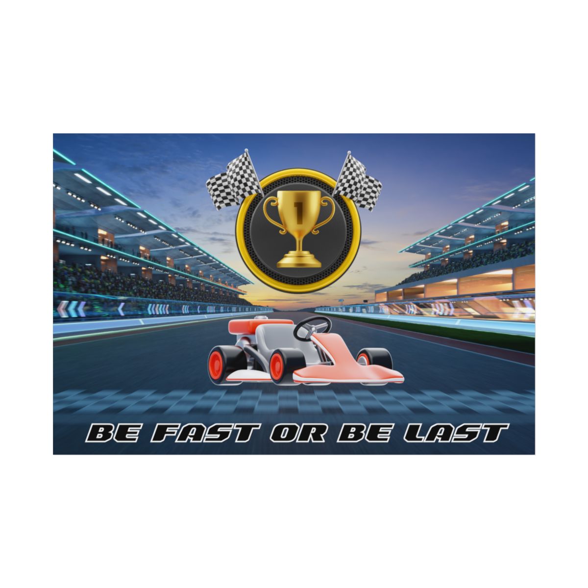 Go Kart Race Track Poster front view – 3D rolled print with trophy and finish line