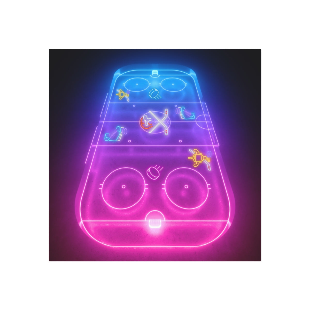 Front view of neon hockey rink magnet showing glowing rink design