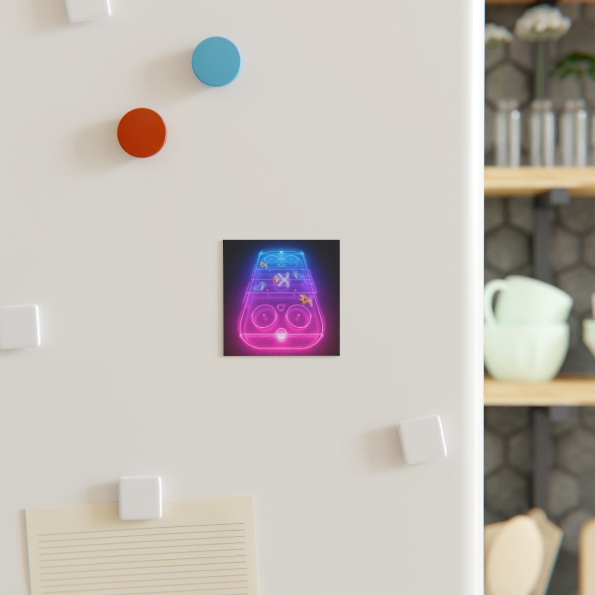 Neon hockey rink magnet placed on fridge door – fun hockey-themed decor