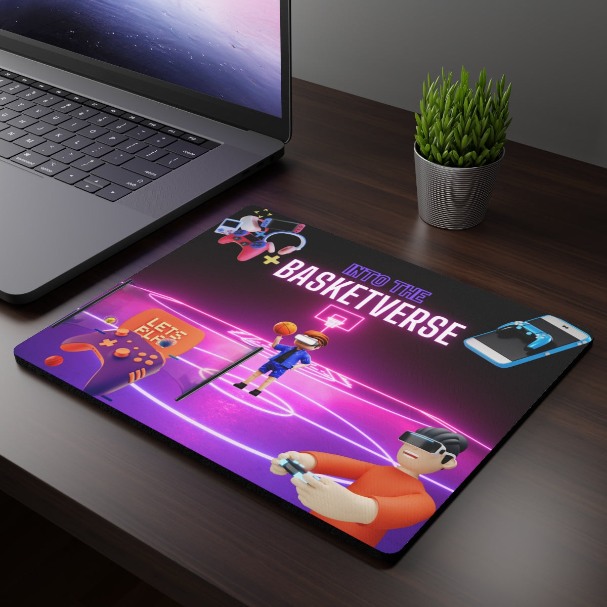 Full gaming desk setup featuring extended Gaming Desk Mat with vibrant design