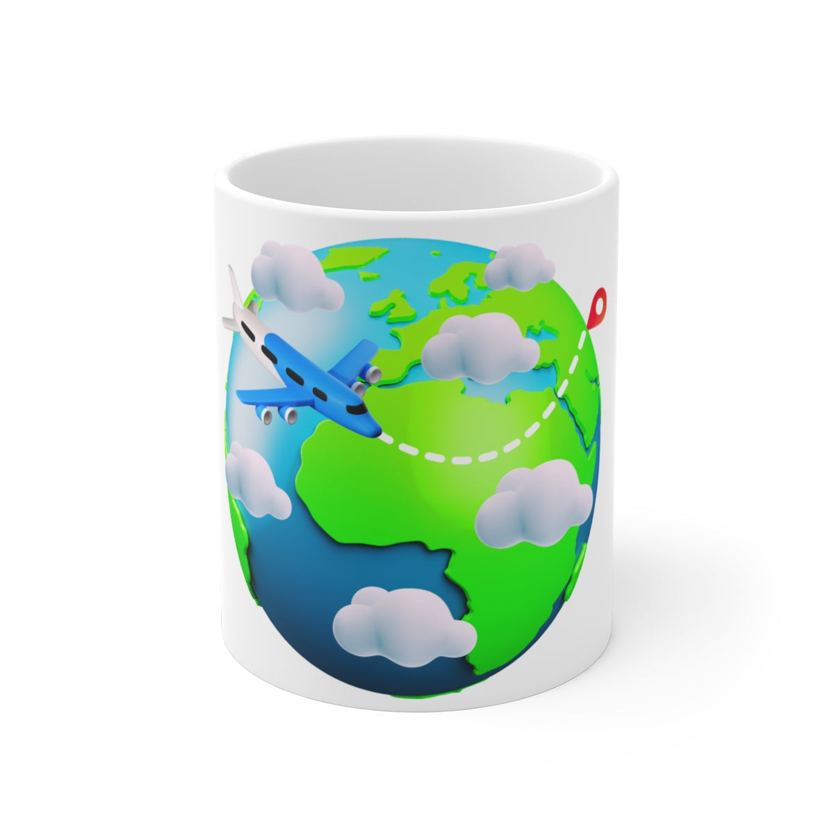 Front view of Travel Airplane Mug with airplane graphic design